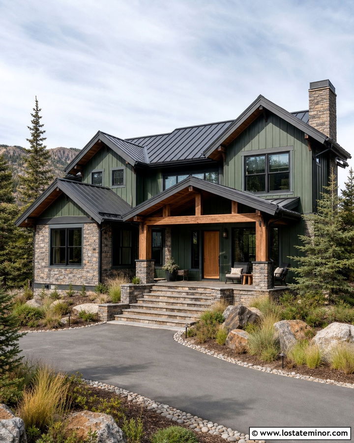 Moss Green Mountain House With Timber Porch Columns - 30 Moss Green House Design With Porch Columns Ideas