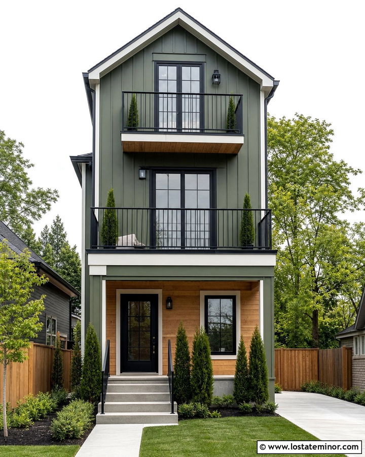 Moss Green Narrow House With Balcony Railings - 30 Moss Green House Design With Railings Ideas
