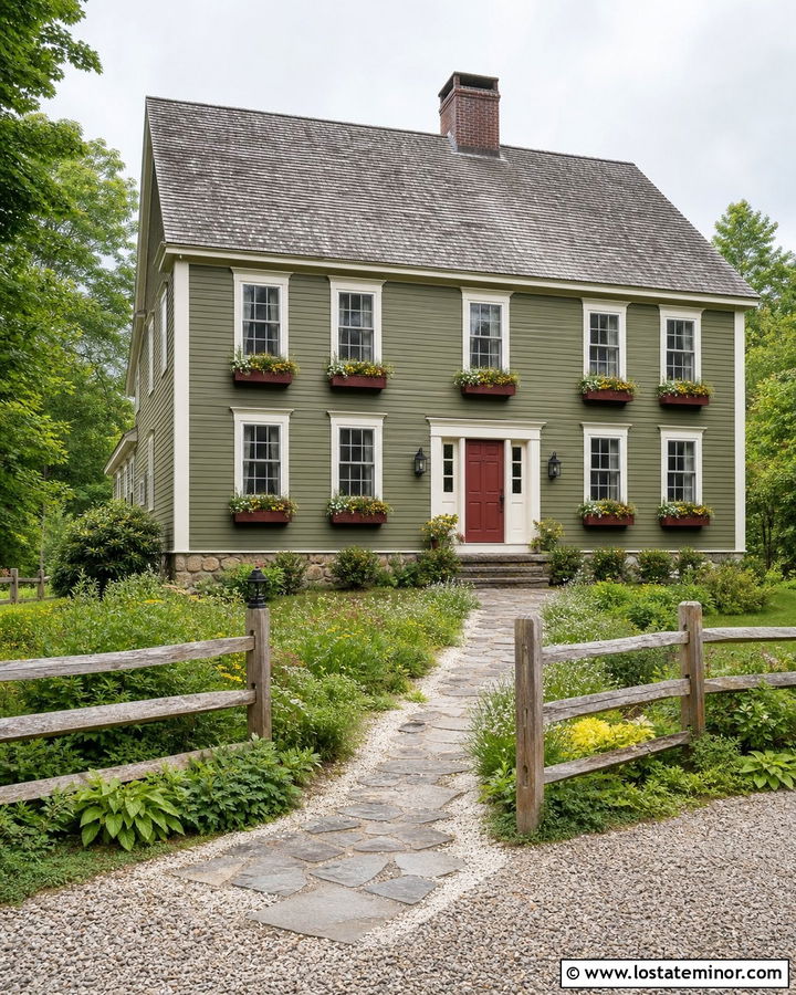 Moss Green New England Farmhouse With Red Window Boxes - 30 Moss Green House Design With Window Boxes Ideas
