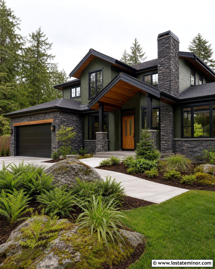 Moss Green Northwest House With Basalt Stone - 30 Moss Green House Design With Stone Accents Ideas