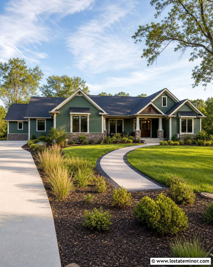 Moss Green One Story House With Side Entry Driveway - 30 Moss Green House Design With Driveway Ideas