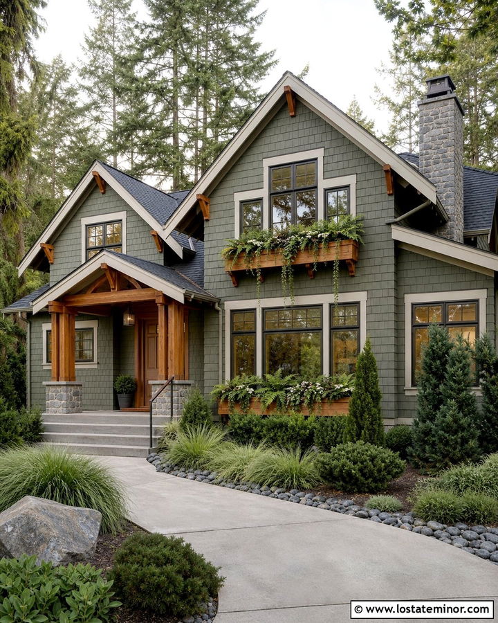Moss Green Pacific Northwest House With Cedar Window Boxes - 30 Moss Green House Design With Window Boxes Ideas