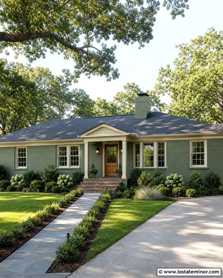 Moss Green Painted Brick House With Cream Trim - 30 Moss Green House Design With Accents Ideas
