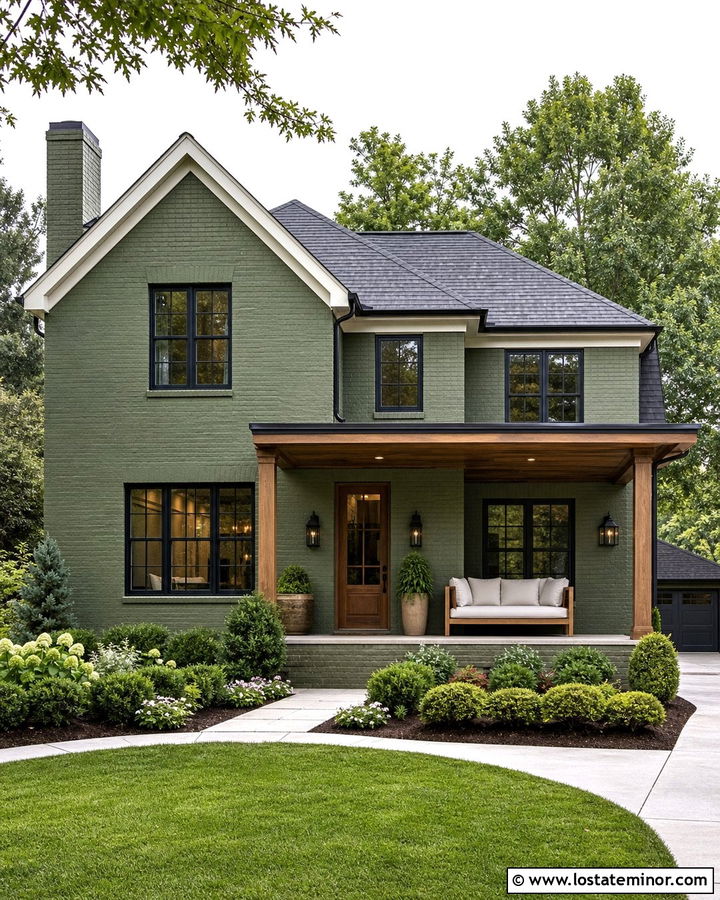 Moss Green Painted Brick House With Wood Daybed - 30 Moss Green House Design With Daybed Ideas