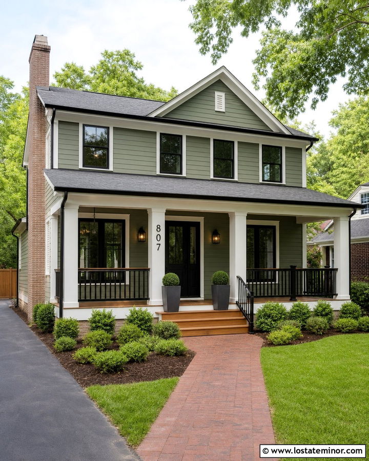 Moss Green Porch With Column House Numbers - 30 Moss Green House Design With House Numbers Ideas