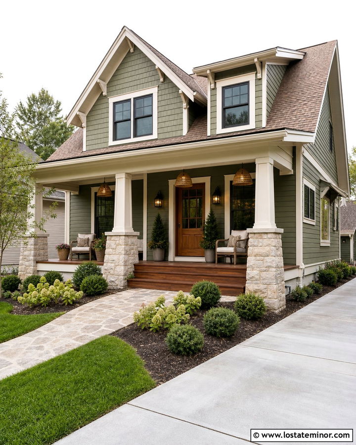 Moss Green Porch With Woven Pendant Lights - 30 Moss Green House Design With Light Fixtures Ideas