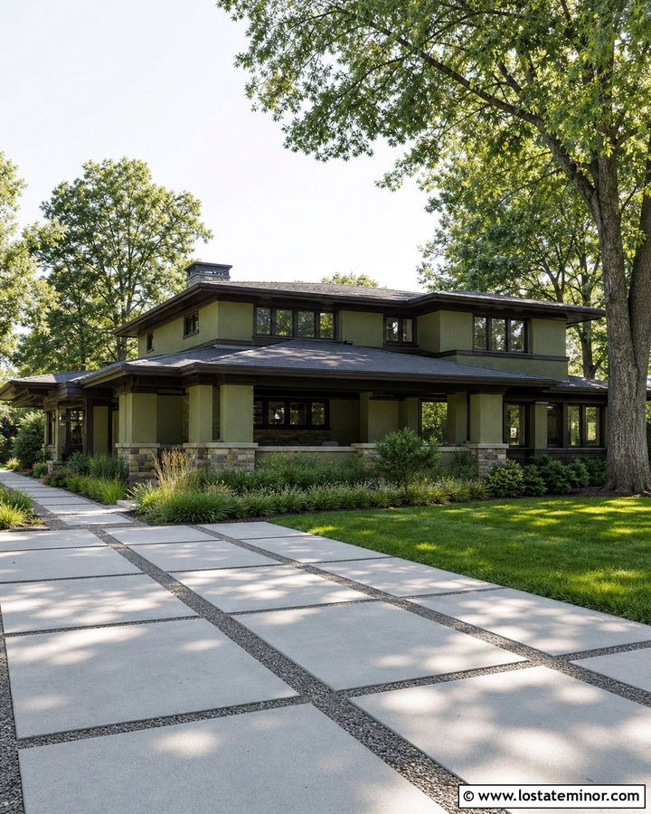 Moss Green Prairie House With Concrete Grid Driveway - 30 Moss Green House Design With Driveway Ideas