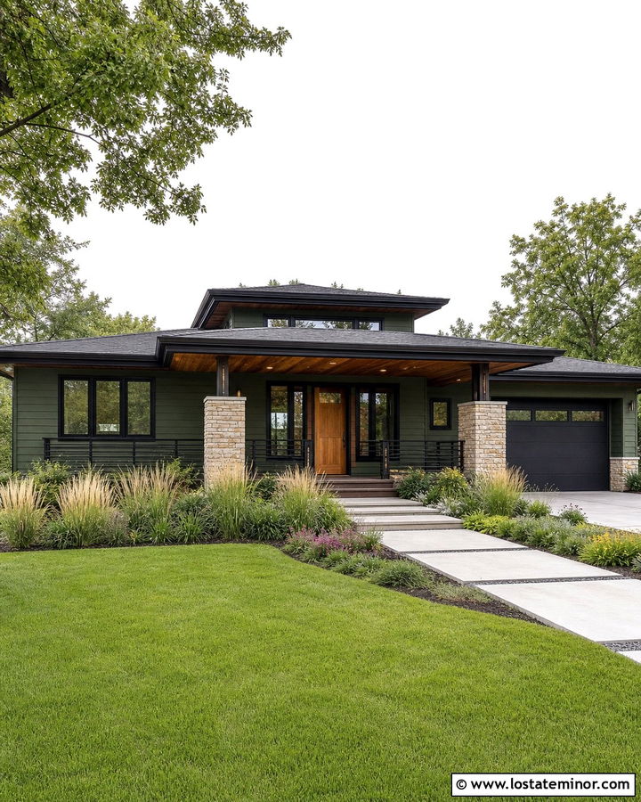 Moss Green Prairie House With Horizontal Railings - 30 Moss Green House Design With Railings Ideas