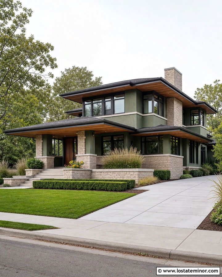 Moss Green Prairie House With Horizontal Stone - 30 Moss Green House Design With Stone Accents Ideas
