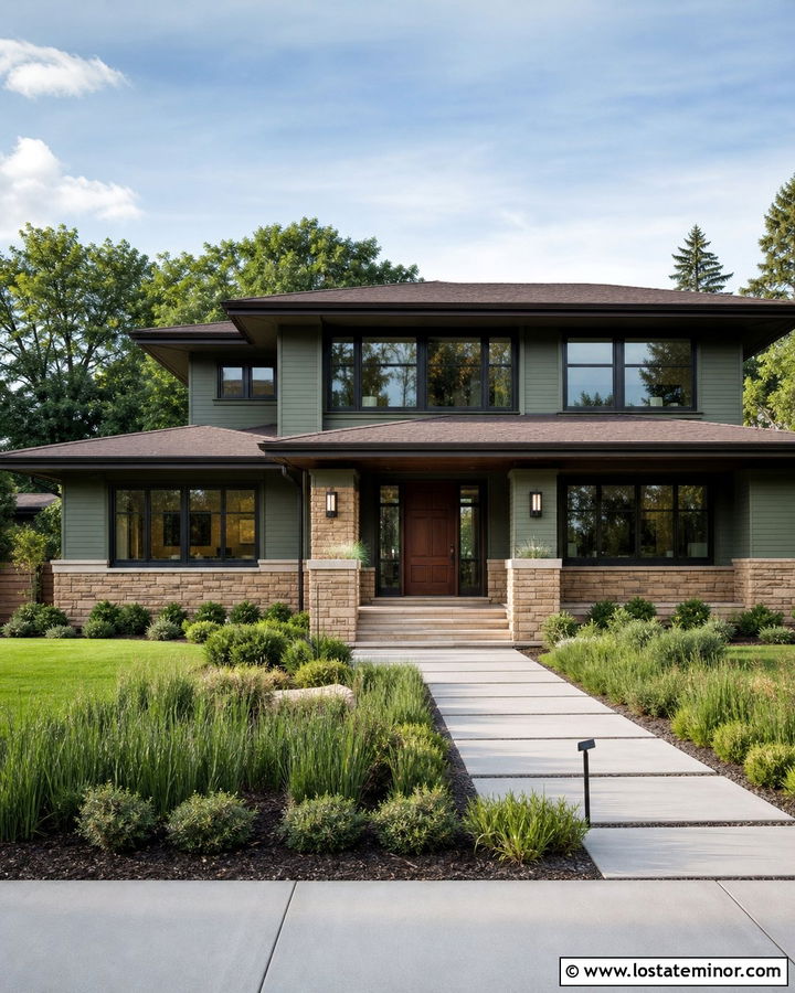 Moss Green Prairie House With Sandstone Wainscoting - 30 Moss Green House Design With Wainscoting Ideas
