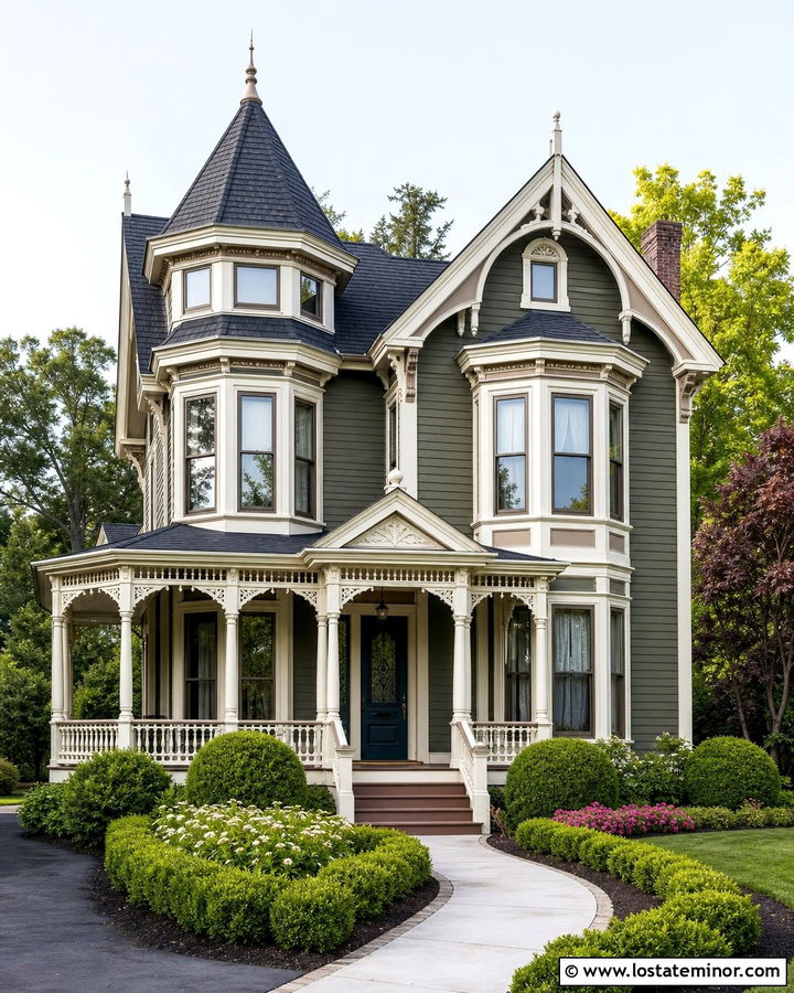 Moss Green Queen Anne With Off White Trim - 30 Moss Green House Design With Trim Ideas