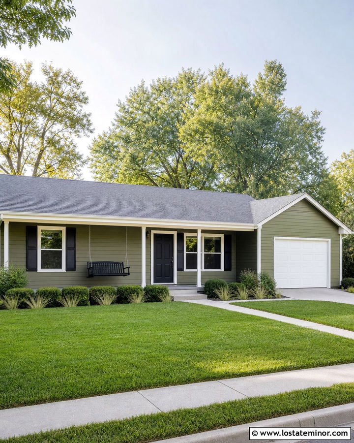 Moss Green Ranch House With Black Porch Swing - 30 Moss Green House Design With Swing Ideas
