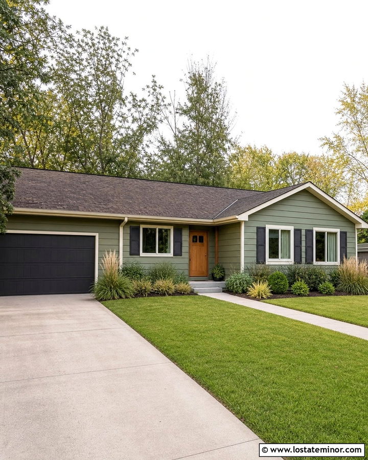 Moss Green Ranch House With Charcoal Shutters - 30 Moss Green House Design With Shutters Ideas