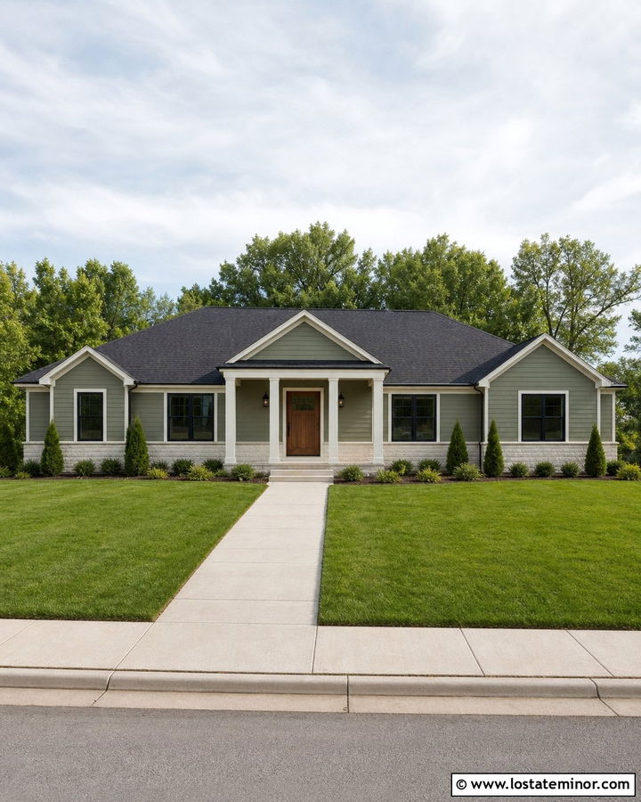 Moss Green Ranch House With Gable Portico - 30 Moss Green House Design With Portico Ideas