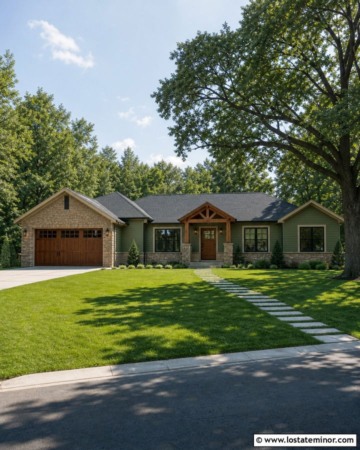 Moss Green Ranch House With Tan Ledgestone - 30 Moss Green House Design With Stone Accents Ideas