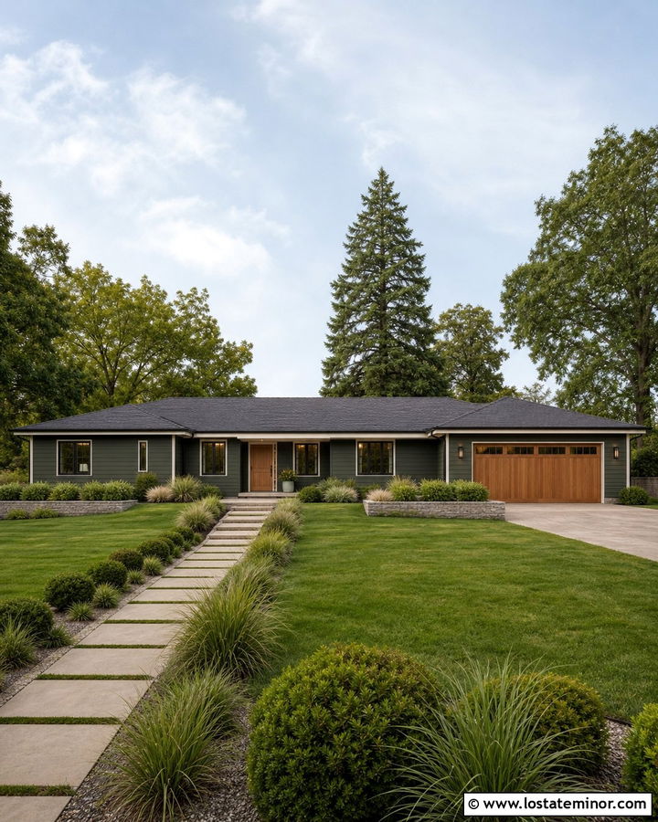 Moss Green Ranch House With Wood Garage Door - 30 Moss Green House Design With Accents Ideas