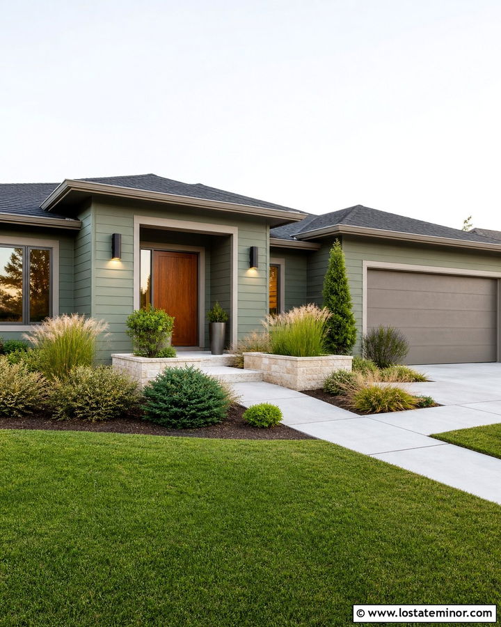 Moss Green Ranch With Bronze Cylinder Lights - 30 Moss Green House Design With Light Fixtures Ideas