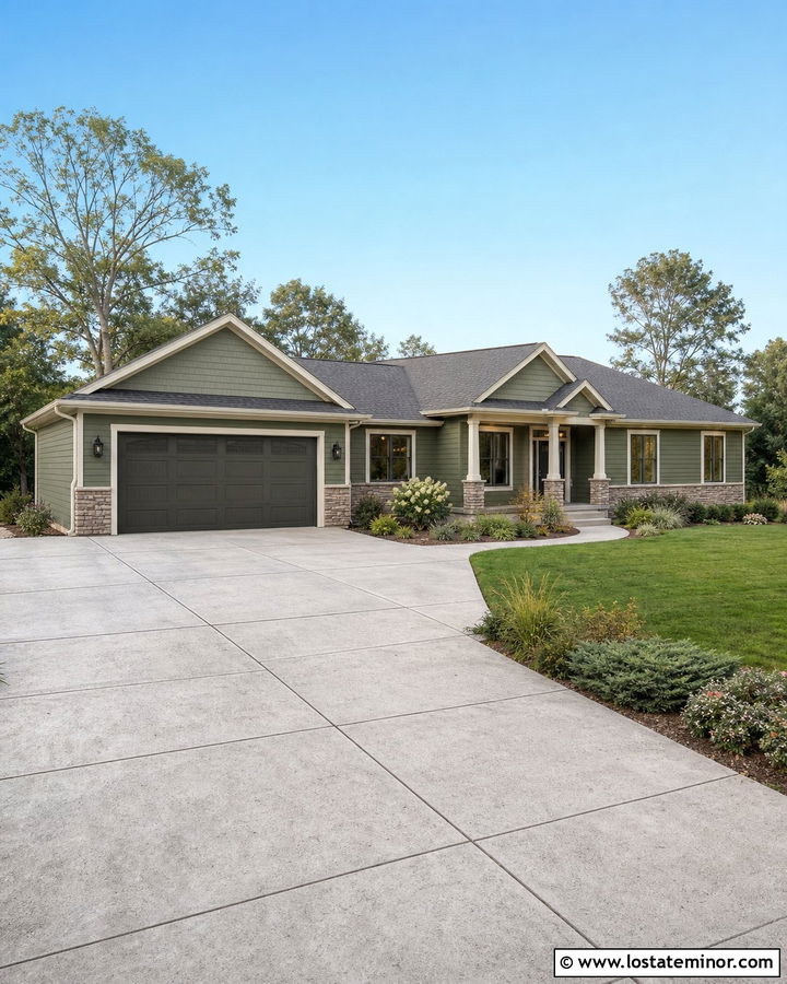 Moss Green Ranch With Concrete Driveway - 30 Moss Green House Design With Driveway Ideas