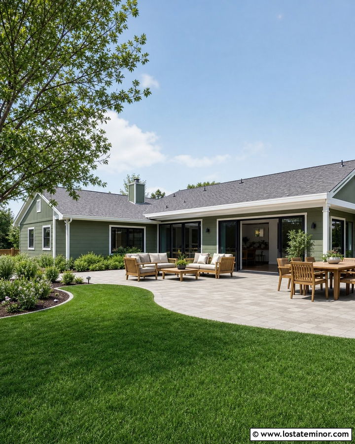 Moss Green Ranch With Paver Terrace - 30 Moss Green House Design With Backyard Ideas