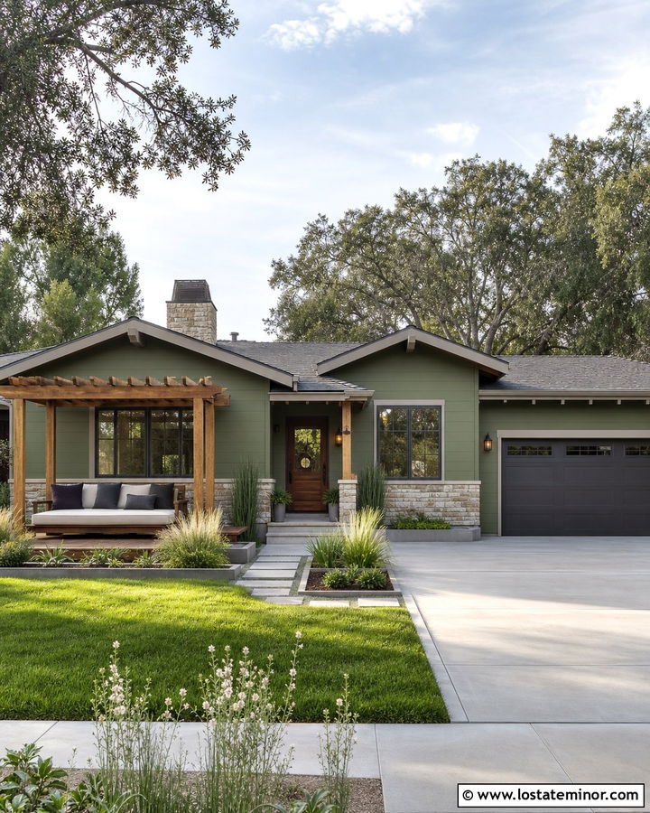 Moss Green Ranch With Stone Patio Daybed - 30 Moss Green House Design With Daybed Ideas