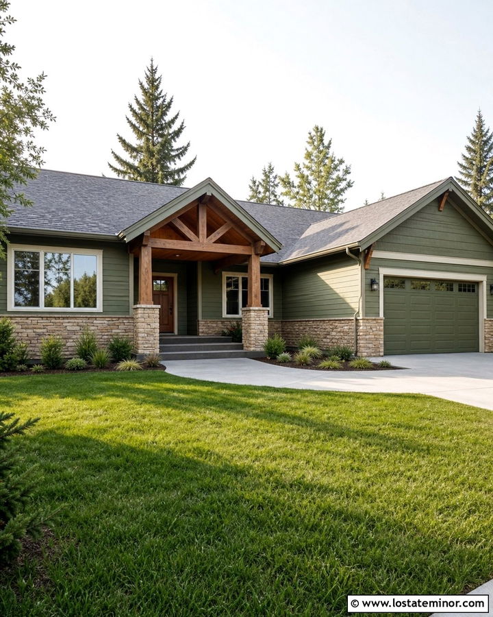 Moss Green Ranch With Warm Wood Porch Ceiling - 30 Moss Green House Design With Porch Ceiling Ideas