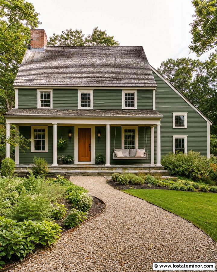 Moss Green Saltbox House With Gray Porch Swing - 30 Moss Green House Design With Swing Ideas