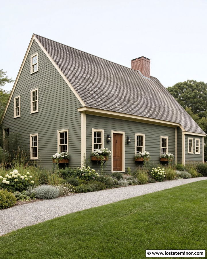 Moss Green Saltbox With Natural Wood Window Boxes - 30 Moss Green House Design With Window Boxes Ideas