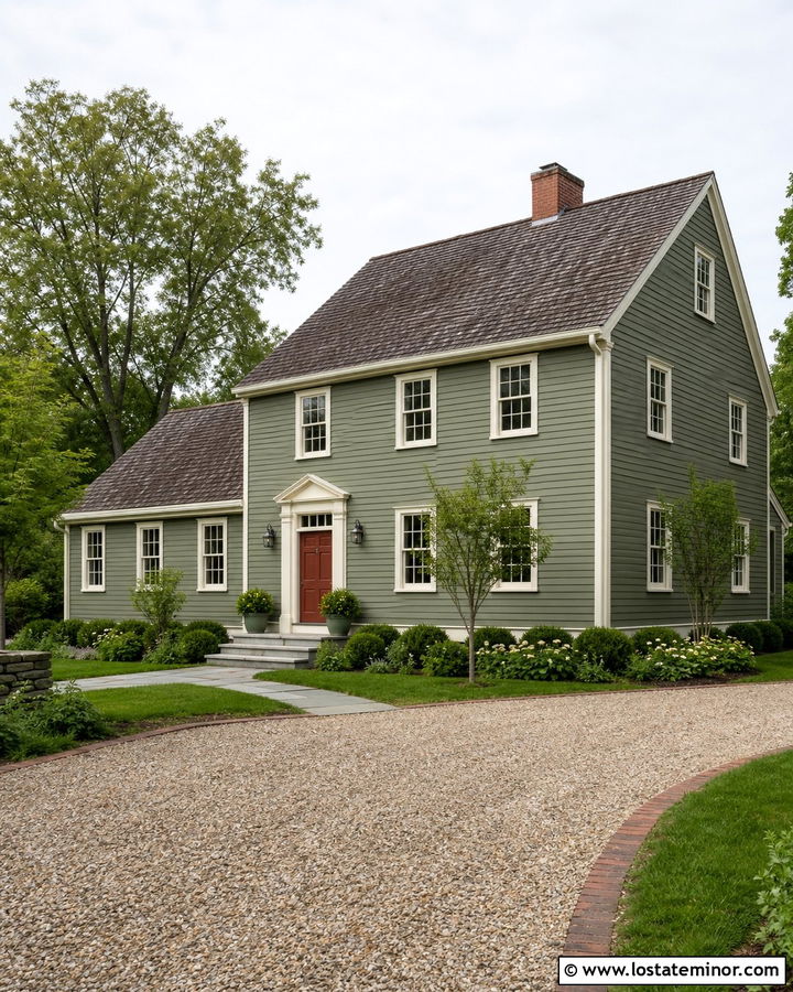 Moss Green Saltbox With Pea Gravel Driveway - 30 Moss Green House Design With Driveway Ideas