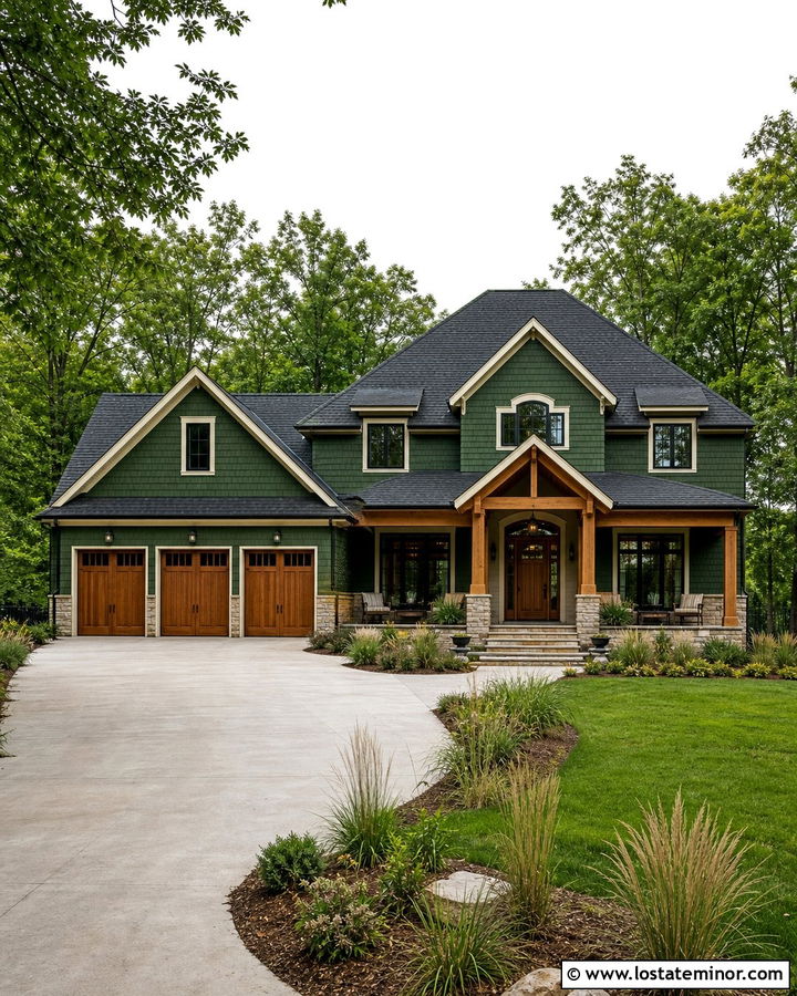 Moss Green Shingle House With Cedar Garage Doors - 30 Moss Green House Design With Shingles Ideas