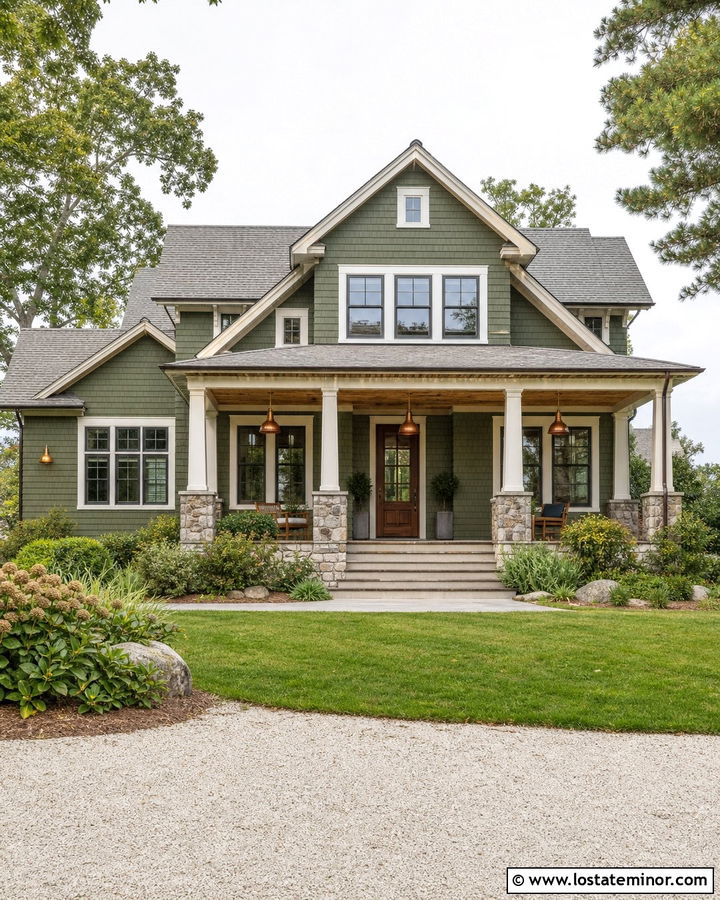 Moss Green Shingle House With Copper Pendants - 30 Moss Green House Design With Light Fixtures Ideas