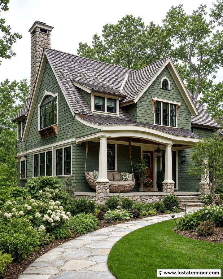 Moss Green Shingle House With Curved Daybed - 30 Moss Green House Design With Daybed Ideas