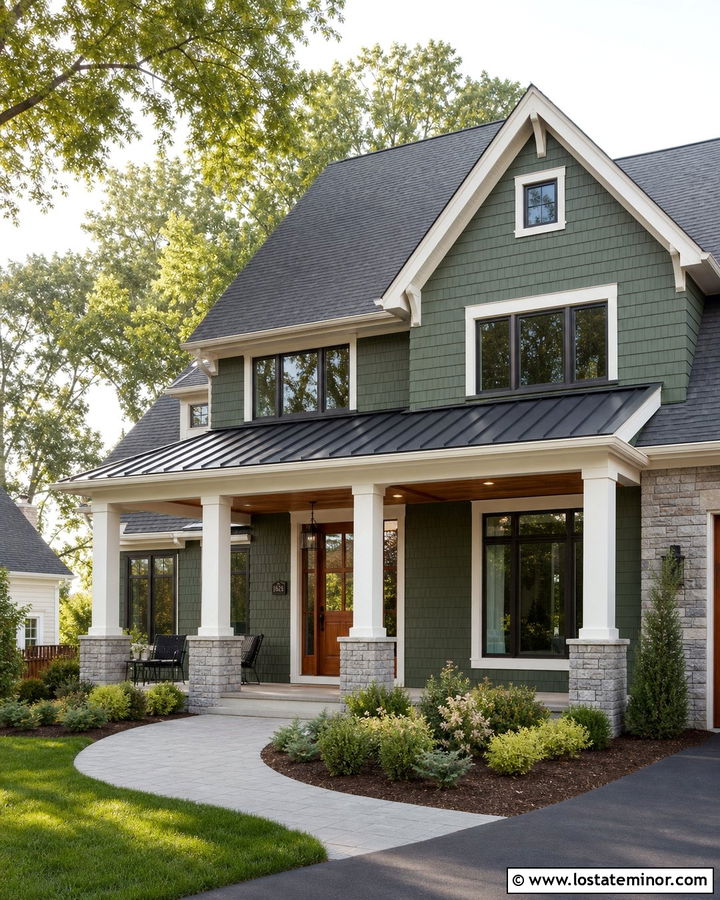 Moss Green Shingle House With Metal Porch Roof - 30 Moss Green House Design With Shingles Ideas