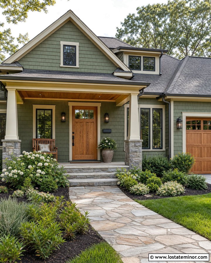 Moss Green Shingle House With Natural Wood Door - 30 Moss Green House Design With Shingles Ideas