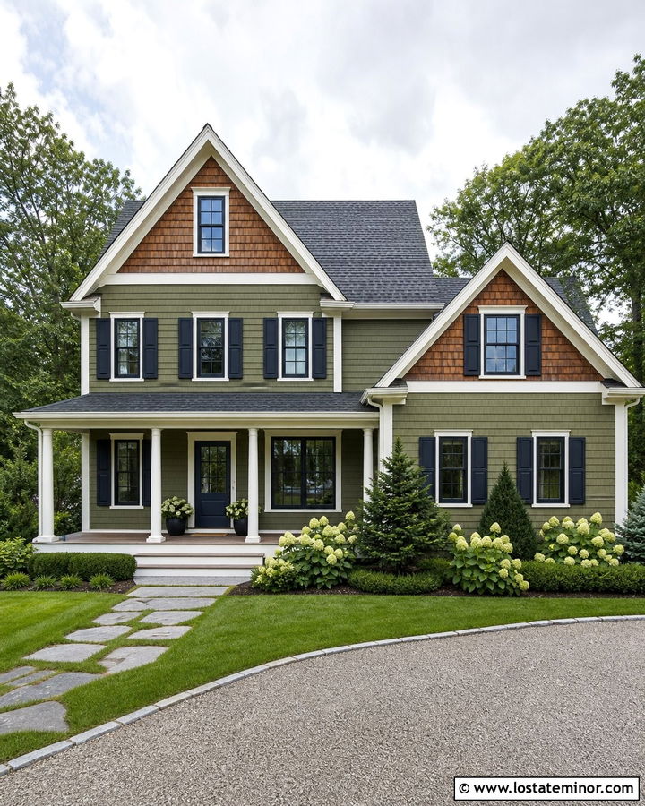 Moss Green Shingle House With Navy Trim - 30 Moss Green House Design With Trim Ideas