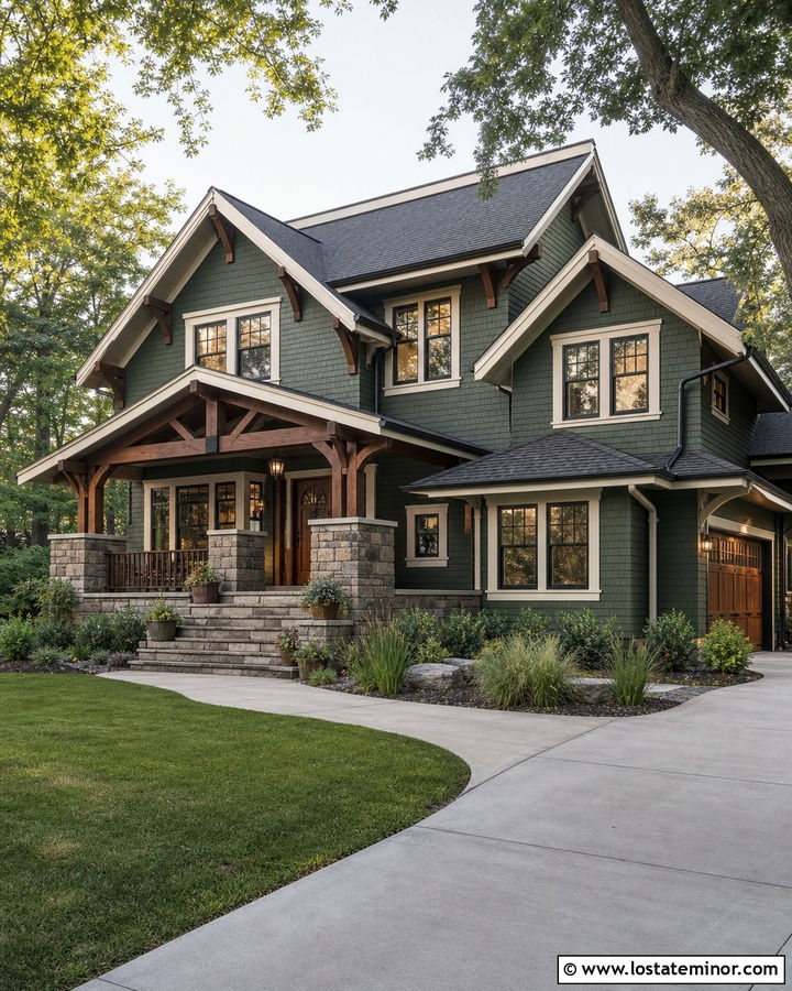Moss Green Shingle House With Stone Porch - 30 Moss Green House Design With Shingles Ideas