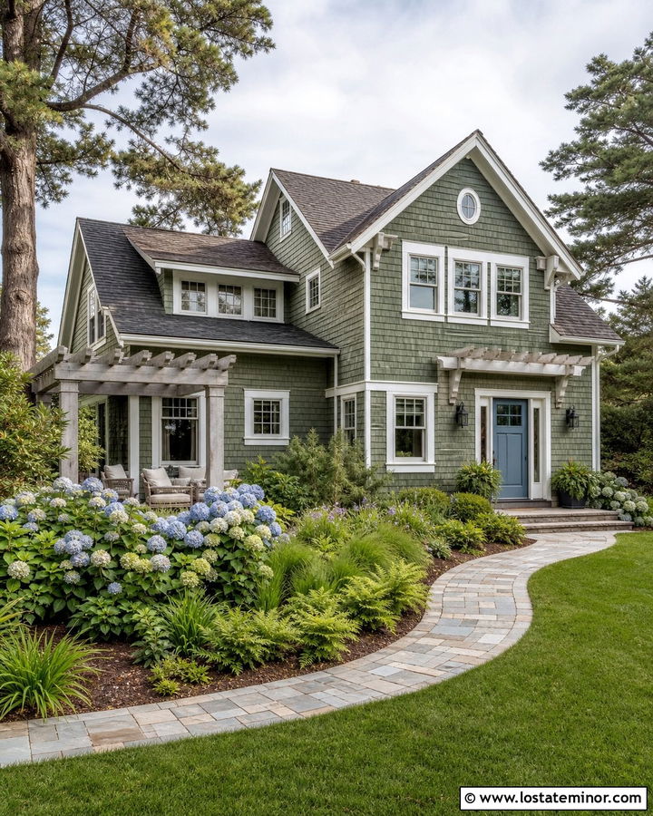Moss Green Shingle House With Weathered Pergola - 30 Moss Green House Design With Pergola Ideas