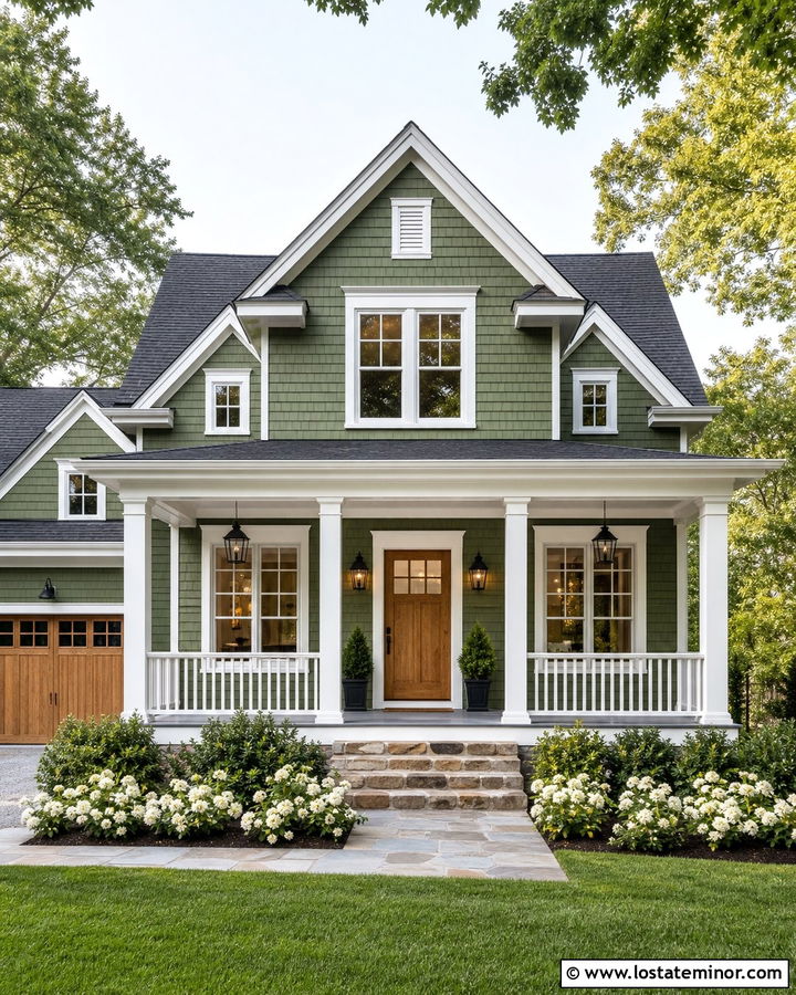 Moss Green Shingle House With White Porch - 30 Moss Green House Design With Shingles Ideas