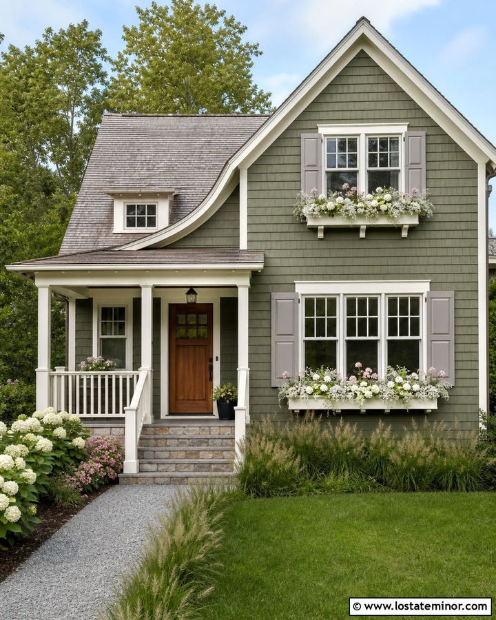 Moss Green Shingle House With White Window Boxes - 30 Moss Green House Design With Window Boxes Ideas
