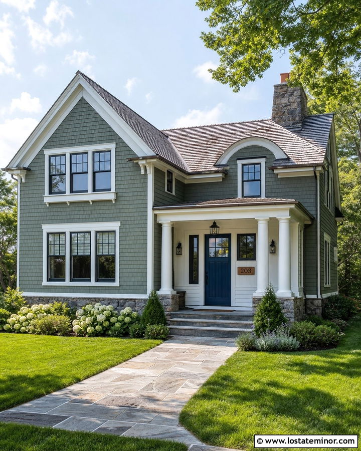 Moss Green Shingle House With Wood Number Plaque - 30 Moss Green House Design With House Numbers Ideas