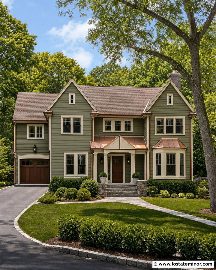 Moss Green Siding With Copper Roof Accents - 30 Moss Green House Design With Siding Ideas