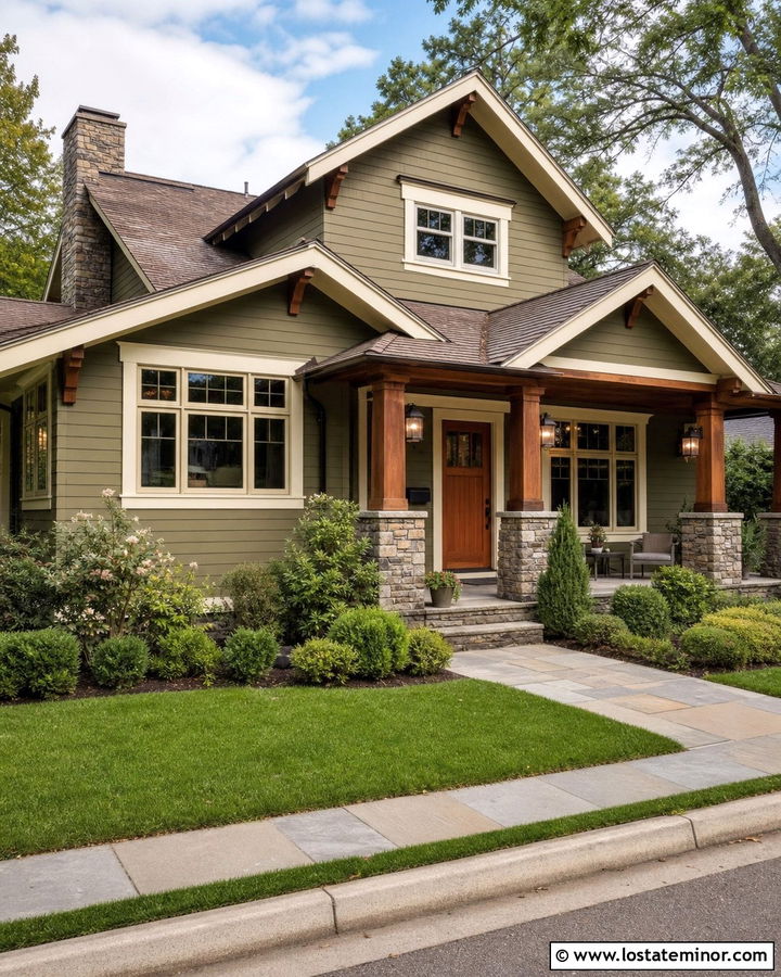 Moss Green Siding With Cream Trim And Cedar Door - 30 Moss Green House Design With Siding Ideas