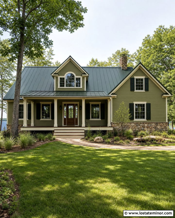 Moss Green Siding With Deep Green Metal Roof - 30 Moss Green House Design With Siding Ideas