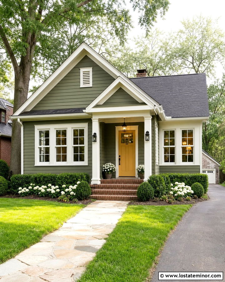 Moss Green Siding With Mustard Yellow Door - 30 Moss Green House Design With Siding Ideas