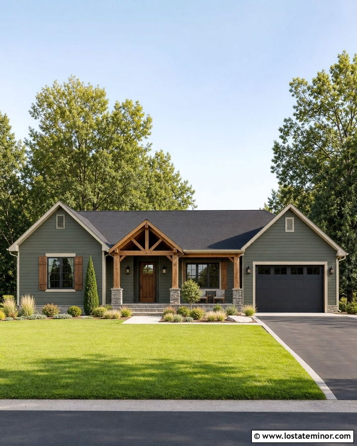 Moss Green Siding With Natural Wood Accents - 30 Moss Green House Design With Siding Ideas