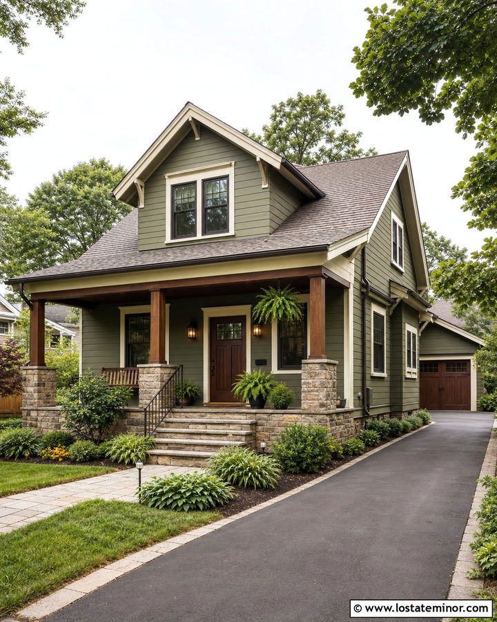 Moss Green Siding With Natural Wood Door - 30 Moss Green House Design With Siding Ideas