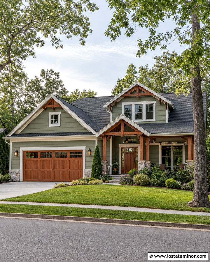 Moss Green Siding With Wood Garage Door - 30 Moss Green House Design With Siding Ideas