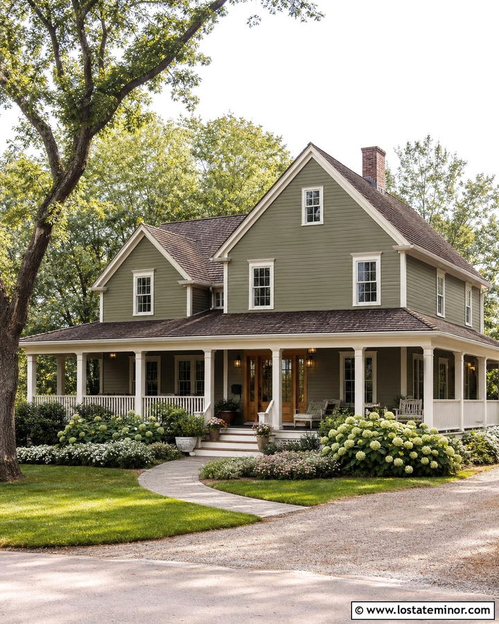Moss Green Siding With Wraparound Porch - 30 Moss Green House Design With Siding Ideas