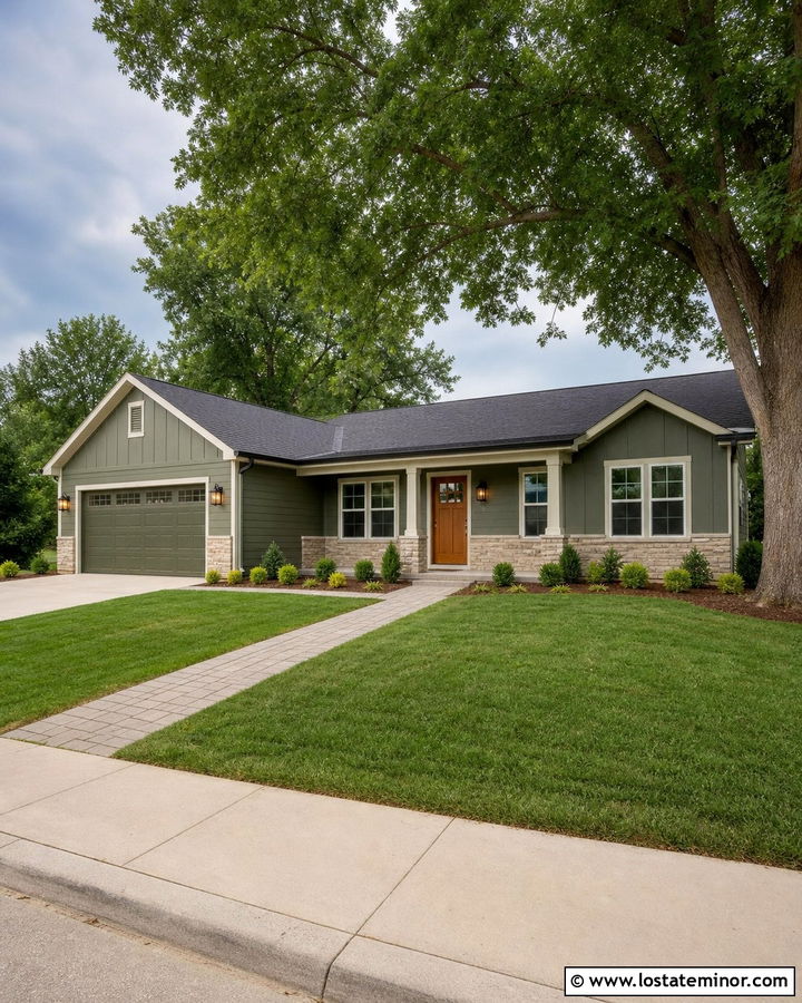 Moss Green Small Ranch With Stone Skirting - 30 Moss Green House Design With Stone Accents Ideas