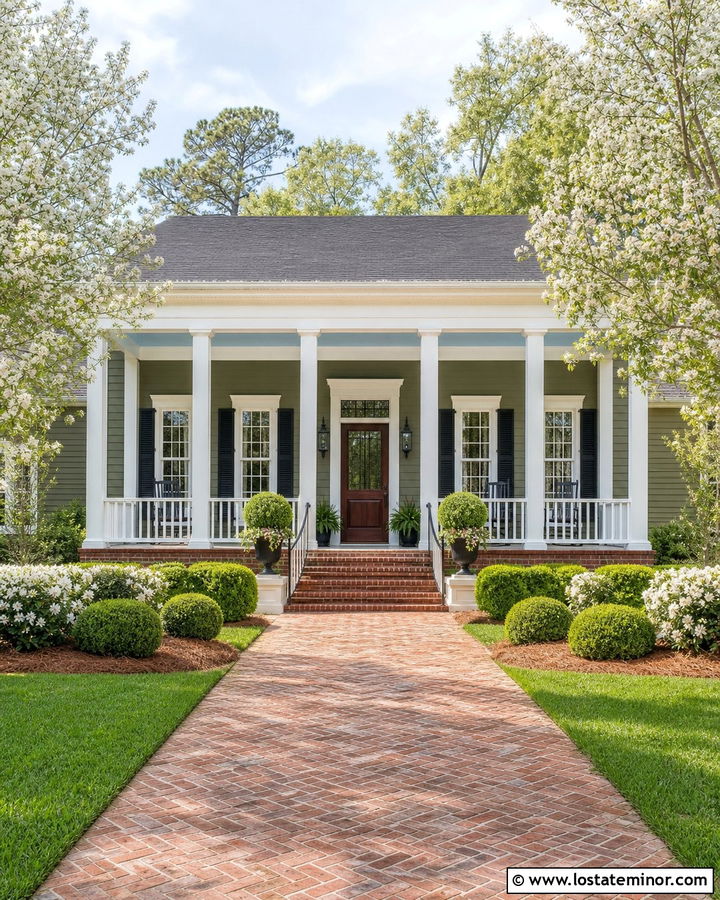 Moss Green Southern House With Columned Front Porch - 30 Moss Green House Design With Front Porch Ideas