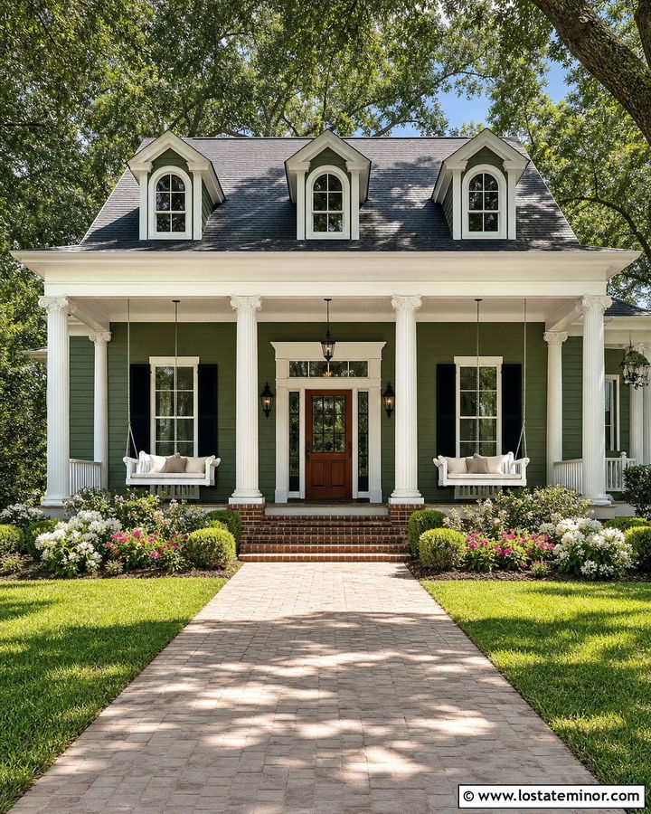 Moss Green Southern House With Double Porch Swings - 30 Moss Green House Design With Swing Ideas